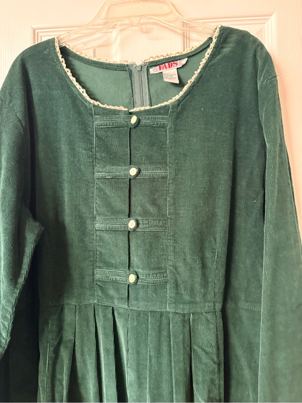 Vintage 90’s Emerald Green Corduroy Midi Long Sleeve Dress Pearl Buttons Size 16 - Picture 3 of 13